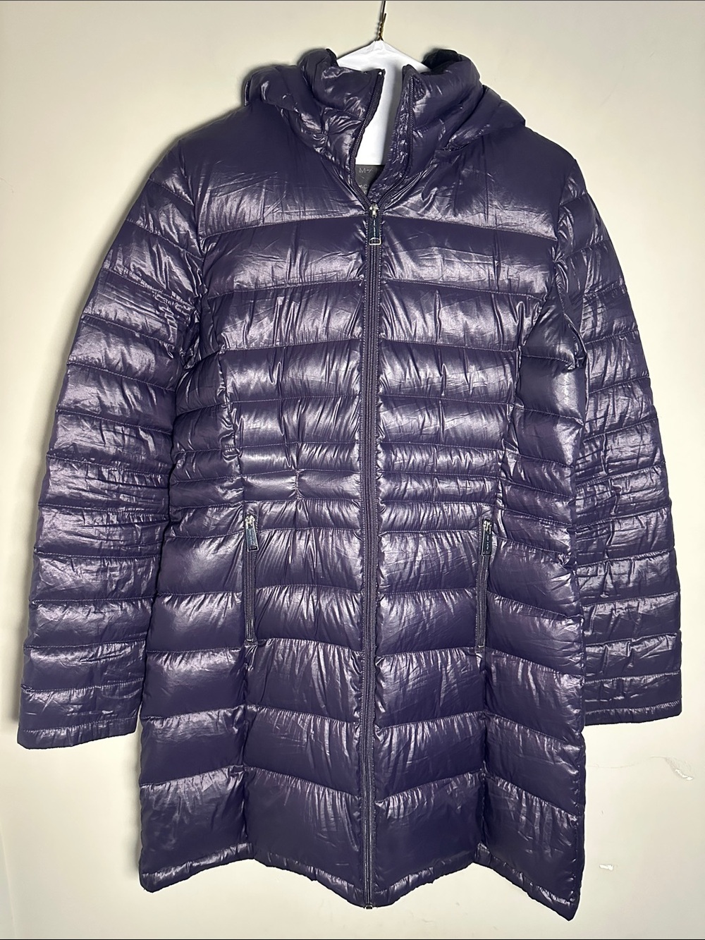 Andrew Marc Shiny Hooded packable premium down Long Puffer Coat in Deep Purple